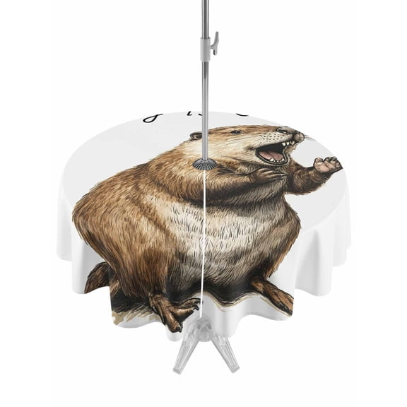 Outdoor Tablecloth with Umbrella Hole and Zipper, Happy Groundhog Day Waterproof Patio Tablecloth for Dining Round 60'', February Spring Party Cute Animals Wipeable Table Cover for Picnic BBQ Party