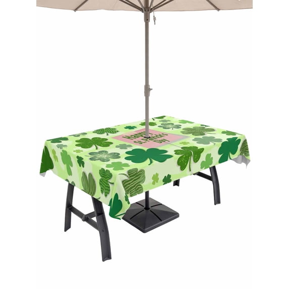 Outdoor Tablecloth with Umbrella Hole and Zipper, Happy St. Patrick's Day Rectangle Table Cloth 60x120 Inch Waterproof Tablecloth, Spring Lucky Shamrock Cloud Green Picnic Table Cover for Patio