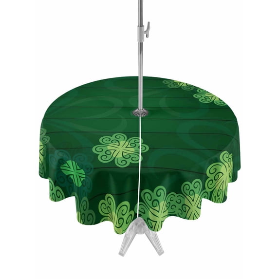 Outdoor Tablecloth with Umbrella Hole and Zipper, Happy St. Patrick's Day Round Table Cloth 60 Inch Waterproof Tablecloth, Green Lucky Four-leaf Grass Picnic Table Cover for Patio Camping