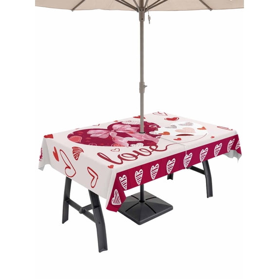 Outdoor Tablecloth with Umbrella Hole and Zipper, Happy Valentine's Day Rectangle Table Cloth 60x120 Inch Waterproof Tablecloth, Beige Love Hearts Romantic Picnic Table Cover for Patio Camping