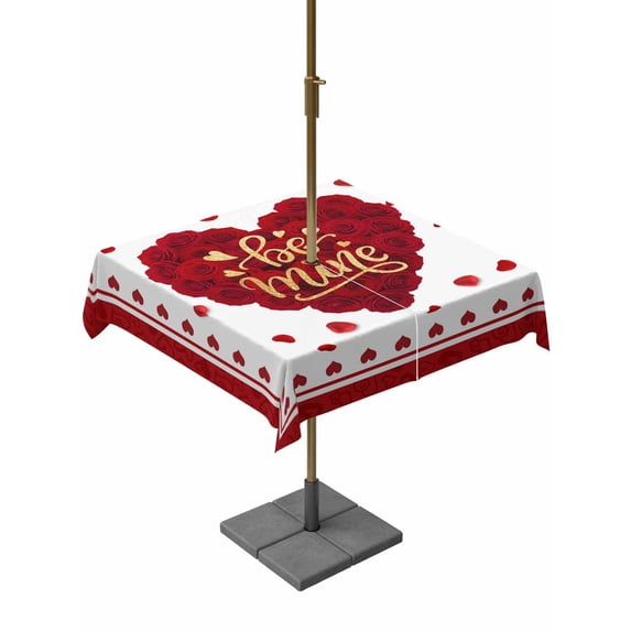 Outdoor Tablecloth with Umbrella Hole and Zipper, Happy Valentine's Day Square Table Cloth 54x54 Inch Waterproof Tablecloth, Red Roses Love Hearts Romantic Picnic Table Cover for Patio Camping