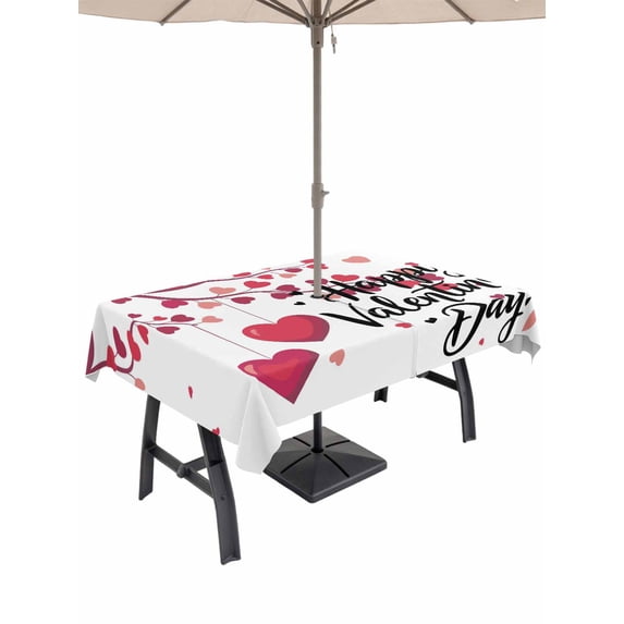 Outdoor Tablecloth with Umbrella Hole and Zipper, Happy Valentines Day Rectangle Table Cloth 52x70 Inch Waterproof Tablecloth, Red Love Branches Spring Picnic Table Cover for Patio Camping