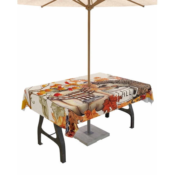 Outdoor Tablecloth with Umbrella Hole Zipper,Autumn Thanksgiving Pumpkins Hedgehog Waterproof Zippered Table Cloth for Rectangle Tables,Retro Linen Patio Table Covers for Indoor Pinic Party