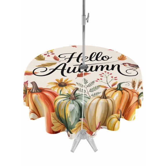 Outdoor Tablecloth with Umbrella Hole and Zipper, Hello Autumn Round Table Cloth 54 Inch Waterproof Tablecloth, Fall Pumpkins Thanksgiving Maple Leaf Picnic Table Cover for Patio Camping