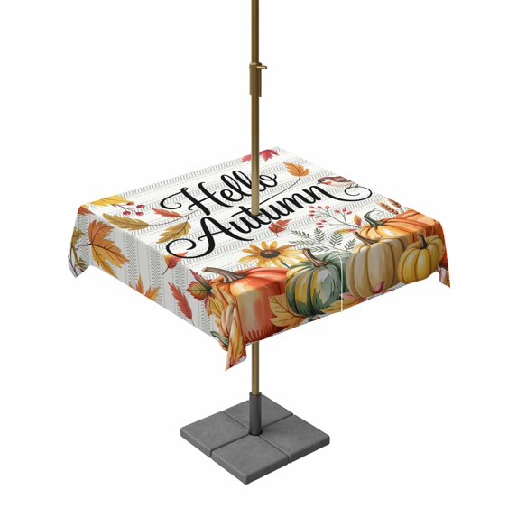 Outdoor Tablecloth with Umbrella Hole and Zipper, Hello Autumn Square Table Cloth 60x60 Inch Waterproof Tablecloth, Thanksgiving Fall Pumpkins Maple Leaf Striped Picnic Table Cover for Patio Camping