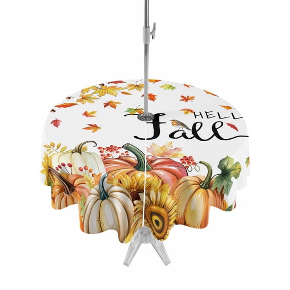 Outdoor Tablecloth with Umbrella Hole and Zipper, Hello Fall Round Table Cloth 54 Inch Waterproof Tablecloth, Orange Pumpkins Thanksgiving Maple Leaf Picnic Table Cover for Patio Camping