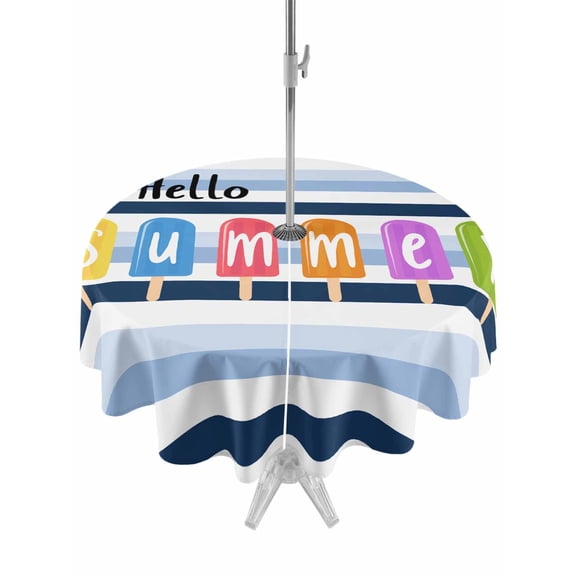 Outdoor Tablecloth with Umbrella Hole and Zipper, Hello Summer Blue White Stripe Round Waterproof Table Cover 60in Washable Table Cloth for Patio Picnic Party Colorful Popsicles