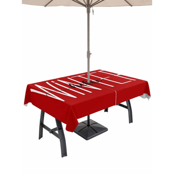 Outdoor Tablecloth with Umbrella Hole and Zipper, Hello Winter Rectangle Table Cloth 60x102 Inch Waterproof Tablecloth, Red Merry Christmas New Year Picnic Table Cover for Patio Camping