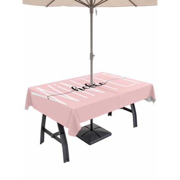 Outdoor Tablecloth with Umbrella Hole and Zipper, Hello Winter Rectangle Table Cloth 60x84 Inch Waterproof Tablecloth, Pink Merry Christmas Holiday Picnic Table Cover for Patio Camping