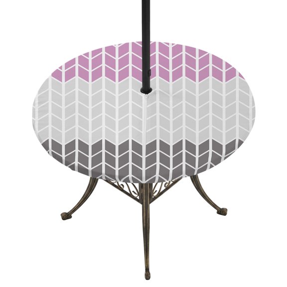 Outdoor Tablecloth with Umbrella Hole and Zipper Herringbone Pattern Round Fitted Table Cover with Elastic Waterproof Vintage Pink Ombre Grey Patio Tablecloths for Picnic BBQS Garden Fit 45"-54"