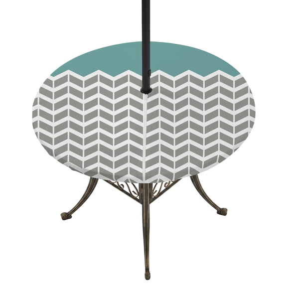 Outdoor Tablecloth with Umbrella Hole and Zipper Herringbone Pattern Round Fitted Table Cover with Elastic Waterproof Vintage Turquoise Grey Patio Tablecloths for Picnic BBQS Garden Fit 45"-54"
