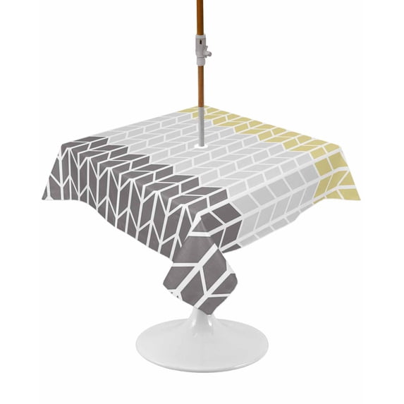 Outdoor Tablecloth with Umbrella Hole and Zipper Herringbone Pattern Square Tablecloths 54x54 Inch Waterproof Table Cloths Vintage Yellow Ombre Grey Patio Table Cover for Picnic BBQS Party