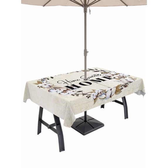 Outdoor Tablecloth with Umbrella Hole and Zipper, Home Sweet Rectangle Table Cloth 60x120 Inch Waterproof Tablecloth, Wreath Botanical Farmhouse Plants Beige Picnic Table Cover for Patio Camping