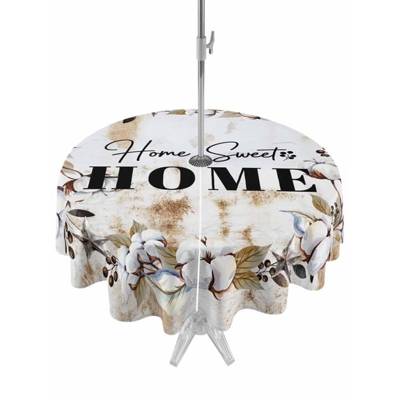 Outdoor Tablecloth with Umbrella Hole and Zipper, Home Sweet Round Table Cloth 60 Inch Waterproof Tablecloth, Wreath Botanical Farmhouse Plants Gradient Brown Picnic Table Cover for Patio Camping