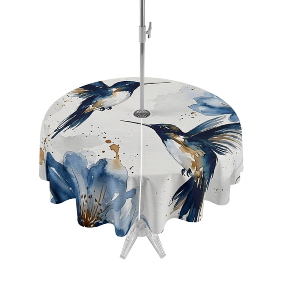 Outdoor Tablecloth with Umbrella Hole and Zipper, Hummingbird Bird Blue Flower Gradient Round Waterproof Table Cover 60in Washable Table Cloth for Patio Picnic Party Abstract Gold Splatter