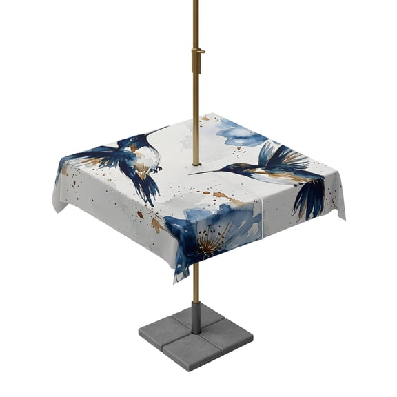 Outdoor Tablecloth with Umbrella Hole and Zipper, Hummingbird Bird Blue Flower Gradient Square Waterproof Table Cover 54x54in Washable Table Cloth for Patio Picnic Party Abstract Gold Splatter