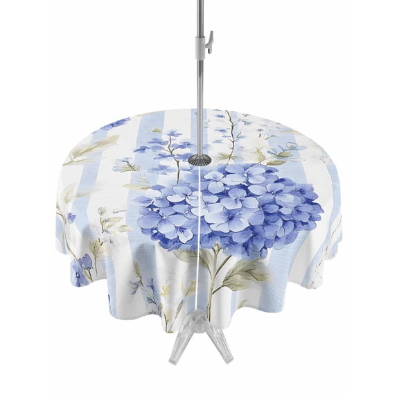 Outdoor Tablecloth with Umbrella Hole Zipper Hydrangea Striped Round Tablecloth 54" Waterproof Outside Table Cloth Vintage Floral Botanical Patio Table Cover Tablecloths for Picnic Party