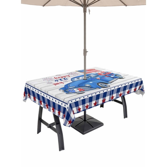 Outdoor Tablecloth with Umbrella Hole and Zipper, Independence Day Rectangle Table Cloth 54x80 Inch Waterproof Tablecloth, Patriotic Blue Truck Star Flag Wooden Picnic Table Cover for Patio Camping