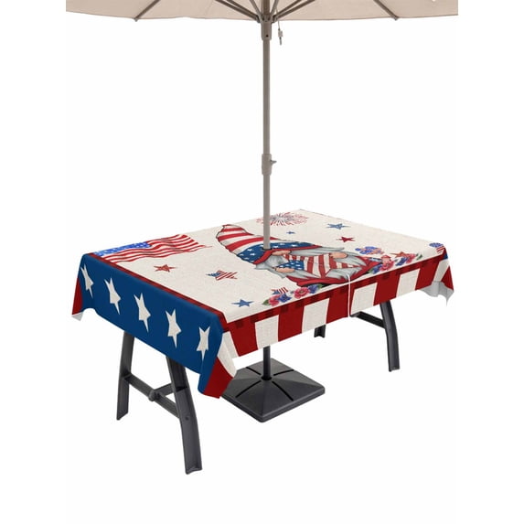Outdoor Tablecloth with Umbrella Hole and Zipper, Independence Day Rectangle Table Cloth 60x102 Inch Waterproof Tablecloth, US Flag Gnomes Star Striped Burlap Picnic Table Cover for Patio Camping