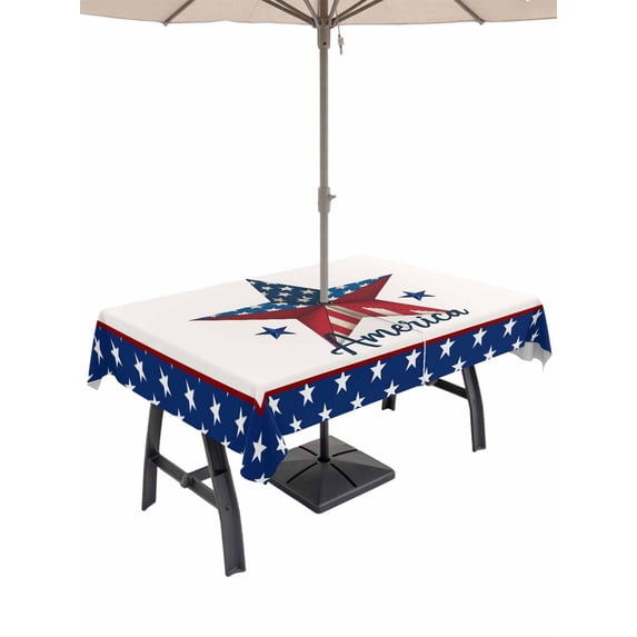 Outdoor Tablecloth with Umbrella Hole and Zipper, Independence Day Rectangle Table Cloth 60x120 Inch Waterproof Tablecloth, 4th of July Patriotic Star Blue Red Flag Picnic Table Cover for Patio