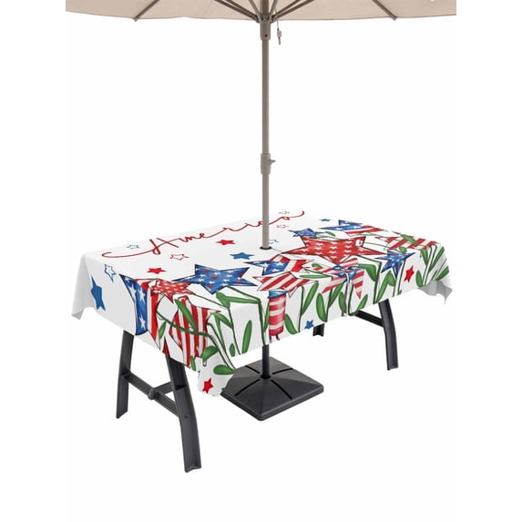 Outdoor Tablecloth with Umbrella Hole and Zipper, Independence Day Rectangle Table Cloth 60x84 Inch Waterproof Tablecloth, 4th of July Red Blue Stars Patriotic Picnic Table Cover for Patio Camping