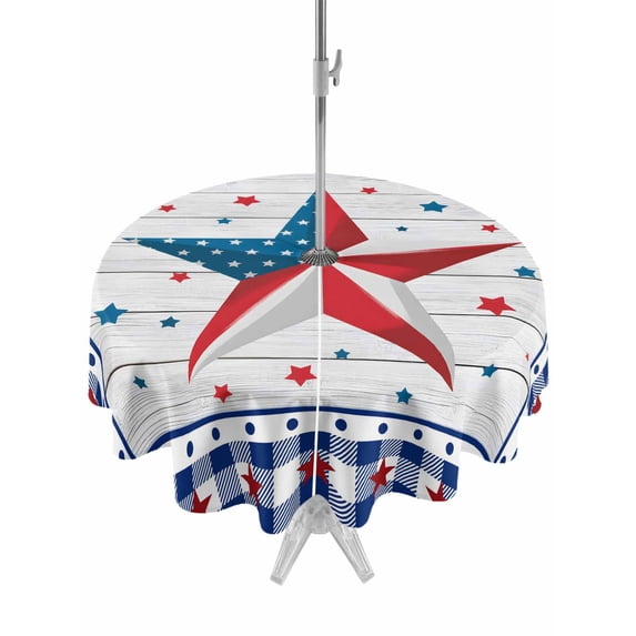 Outdoor Tablecloth with Umbrella Hole and Zipper, Independence Day Round Table Cloth 54 Inch Waterproof Tablecloth, American Flag Star Wooden Buffalo Check Picnic Table Cover for Patio Camping