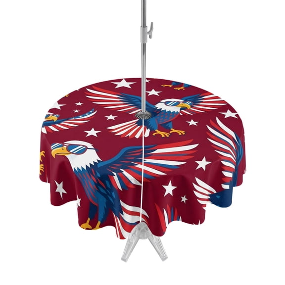 Outdoor Tablecloth with Umbrella Hole Zipper Independence Day Round Tablecloth 54" Waterproof Outside Table Cloth Eagles Patriotic Red Abstract Cartoon Patio Table Cover Tablecloths for Picnic Party