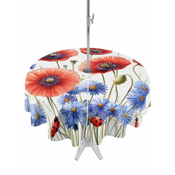 Outdoor Tablecloth with Umbrella Hole Zipper Independence Day Round Tablecloth 60" Waterproof Outside Table Cloth Vintage Flower Watercolor Red Blue Patio Table Cover Tablecloths for Picnic Party