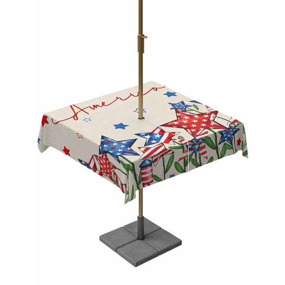 Outdoor Tablecloth with Umbrella Hole and Zipper, Independence Day Square Table Cloth 54x54 Inch Waterproof Tablecloth, 4th of July Striped Stars Patriotic Burlap Picnic Table Cover for Patio Camping