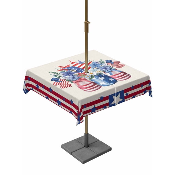 Outdoor Tablecloth with Umbrella Hole and Zipper, Independence Day Square Table Cloth 60x60 Inch Waterproof Tablecloth, Red Blue Flowers Patriotic Star Stripes Picnic Table Cover for Patio Camping