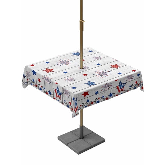 Outdoor Tablecloth with Umbrella Hole and Zipper, Independence Day Square Table Cloth 60x60 Inch Waterproof Tablecloth, Red Blue Star Firework Wooden Grain Picnic Table Cover for Patio Camping