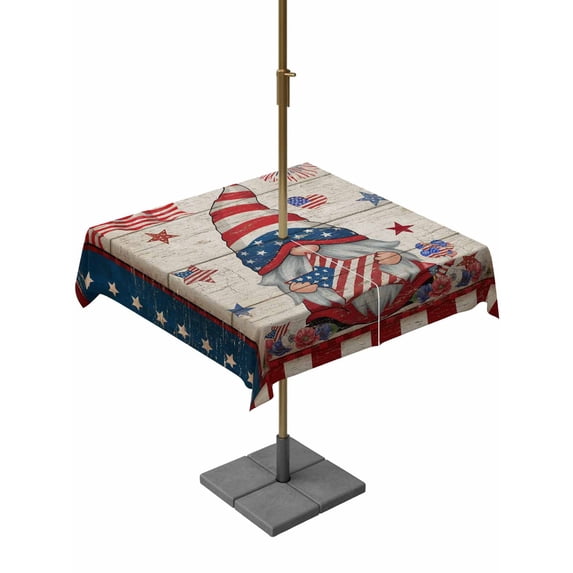 Outdoor Tablecloth with Umbrella Hole and Zipper, Independence Day Square Table Cloth 60x60 Inch Waterproof Tablecloth, US Flag Gnomes Star Striped Wooden Picnic Table Cover for Patio Camping