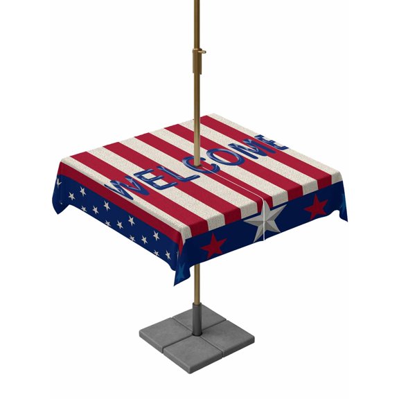 Outdoor Tablecloth with Umbrella Hole and Zipper, Independence Day Stars Red Stripes Welcome Quote Square Waterproof Table Cover 54x54in Table Cloth for Patio Party Blue Border Vintage Cotton Linen