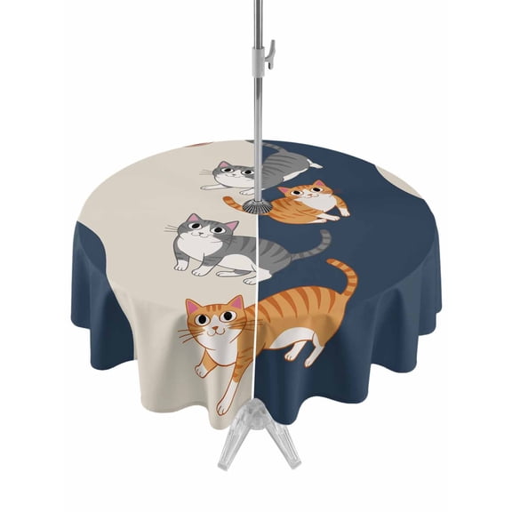 Outdoor Tablecloth with Umbrella Hole Zipper Japanese Cute Cats Round Tablecloth 54" Waterproof Outside Table Cloth Harmony Cartoon Kitty Patio Table Cover Tablecloths for Picnic Party