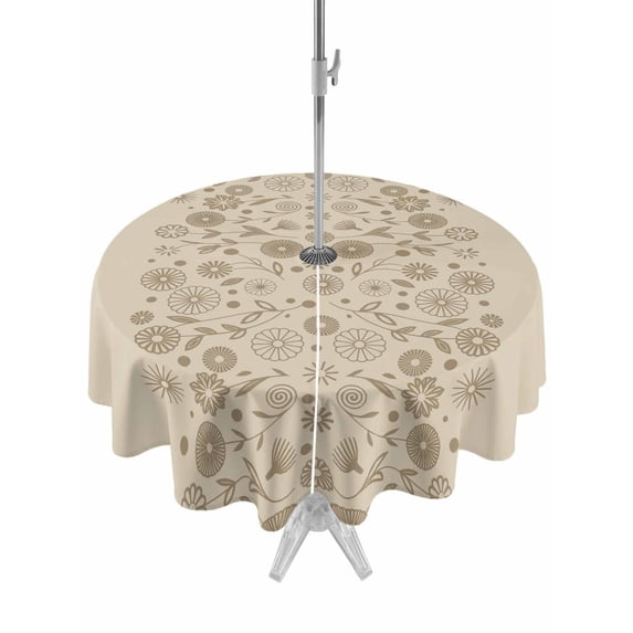 Outdoor Tablecloth with Umbrella Hole and Zipper, Japanese Round Table Cloth 54 Inch Waterproof Tablecloth, Beige Farmhouse Retro Floral Leaf Pattern Picnic Table Cover for Patio Camping