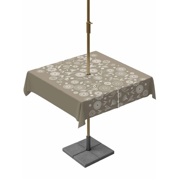 Outdoor Tablecloth with Umbrella Hole and Zipper, Japanese Square Table Cloth 60x60 Inch Waterproof Tablecloth, Grey Simple Traditional Flowers Leaves Pattern Picnic Table Cover for Patio Camping