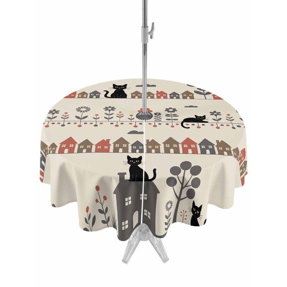 Outdoor Tablecloth with Umbrella Hole and Zipper, Japanese Style Round Table Cloth 54 Inch Waterproof Tablecloth, Vintage Cartoon Cat House Trees Flowers Picnic Table Cover for Patio Camping