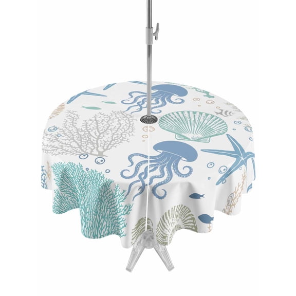 Outdoor Tablecloth with Umbrella Hole & Zipper, Jellyfish Coastal Round Tablecloth 54 Inch, Summer Starfish Beach Coral Nautical Patio Table Cover Waterproof Table Cloth for Picnic/Party