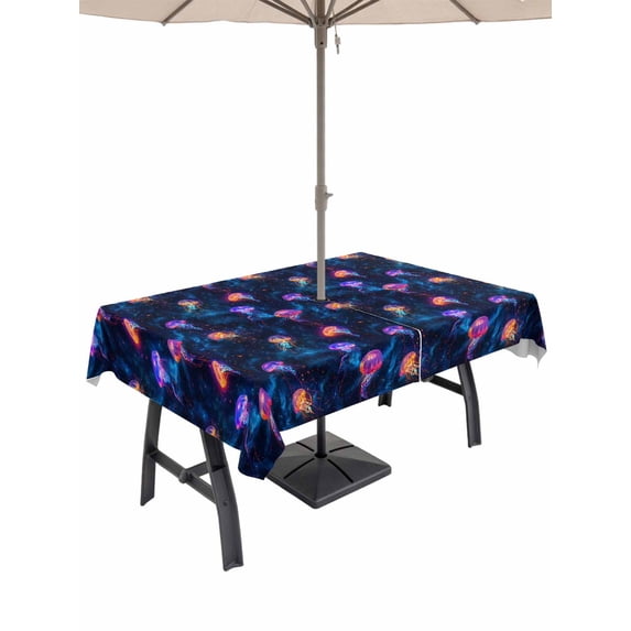 Outdoor Tablecloth with Umbrella Hole and Zipper, Jellyfish Rectangle Table Cloth 60x120 Inch Waterproof Tablecloth, Blue Urple Orange Ocean Starry Sky Coastal Picnic Table Cover for Patio Camping