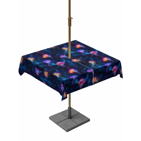 Outdoor Tablecloth with Umbrella Hole and Zipper, Jellyfish Square Table Cloth 60x60 Inch Waterproof Tablecloth, Blue Urple Orange Ocean Starry Sky Coastal Picnic Table Cover for Patio Camping