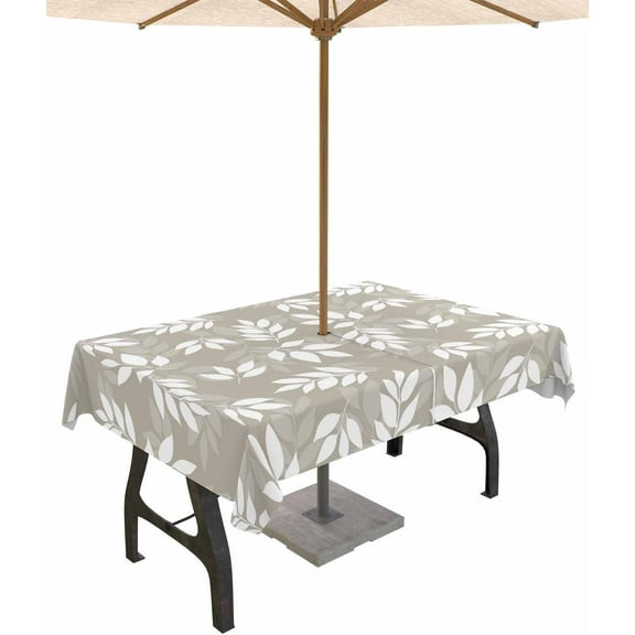 Outdoor Tablecloth with Umbrella Hole and Zipper Khaki Leaves Tablecloths 60x84 Waterproof Outside Table Cloths Spring Leaf Plant Patio Table Cloth Cover for Outdoor Tables Picnic Garden Party