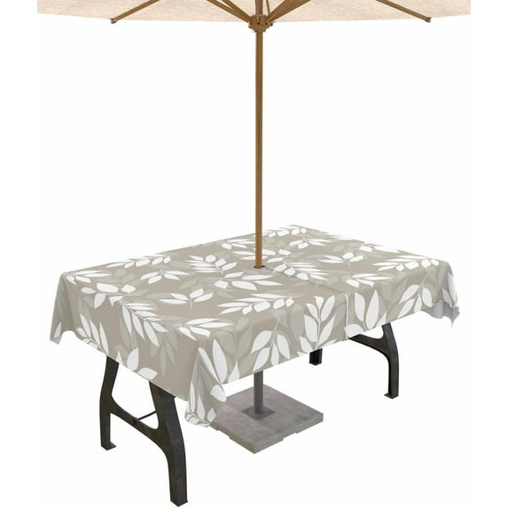 Outdoor Tablecloth with Umbrella Hole and Zipper Khaki Leaves Tablecloths 60x84 Waterproof Outside Table Cloths Spring Leaf Plant Patio Table Cloth Cover for Outdoor Tables Picnic Garden Party