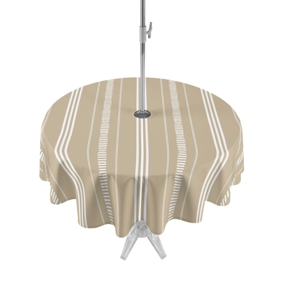 Outdoor Tablecloth with Umbrella Hole & Zipper, Khaki Stripes Round Tablecloth 60 Inch, Modern Abstract Striped Minimalist Farmhouse Patio Table Cover Waterproof Table Cloth for Picnic/Party