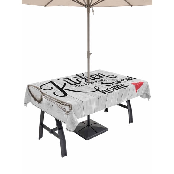 Outdoor Tablecloth with Umbrella Hole and Zipper, Kitchen Knife Fork Rectangle Table Cloth 52x70 Inch Waterproof Tablecloth, Vintage Love Heart Grey Wood Grain Picnic Table Cover for Patio Camping