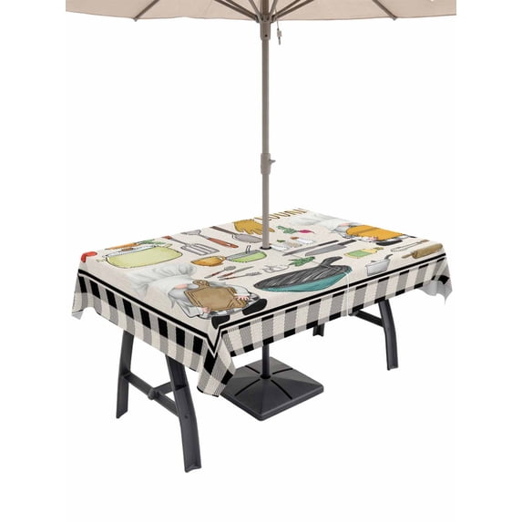 Outdoor Tablecloth with Umbrella Hole and Zipper, Kitchenware Gnomes Rectangle Table Cloth 52x70 Inch Waterproof Tablecloth, Kitchen Cooking Tool Retro Plaid Picnic Table Cover for Patio Camping