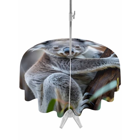 Outdoor Tablecloth with Umbrella Hole Zipper Koala Round Tablecloth 54" Waterproof Outside Table Cloth Grey Animals Modern Art Forest Patio Table Cover Tablecloths for Picnic Party