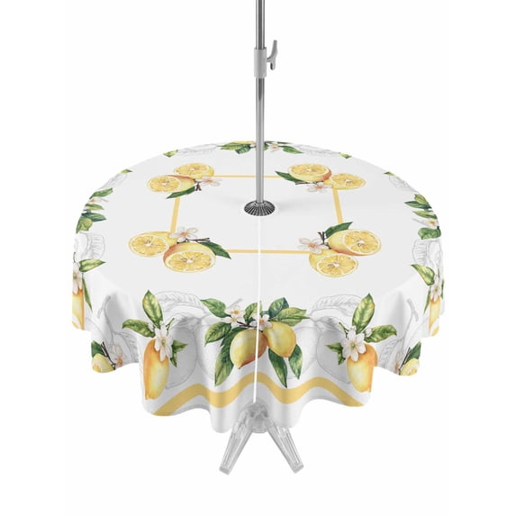 Outdoor Tablecloth with Umbrella Hole Zipper Lemon Yellow Round Tablecloth 54" Waterproof Outside Table Cloth Modern Country Flower Floral Summer Spring Patio Table Cover Tablecloths for Picnic Party