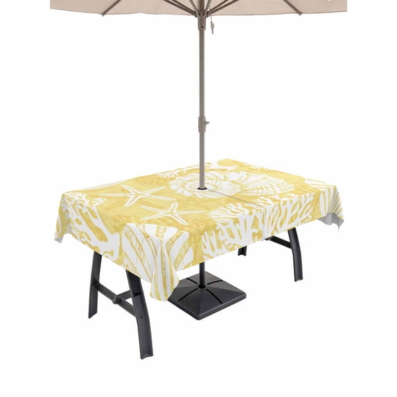 Outdoor Tablecloth with Umbrella Hole & Zipper, Lemon Yellow Starfish Coastal Rectangle Tablecloth 54x80 Inch, Ocean Nautical Beach Coral Shell Patio Table Cover Waterproof Table Cloth for Picnic