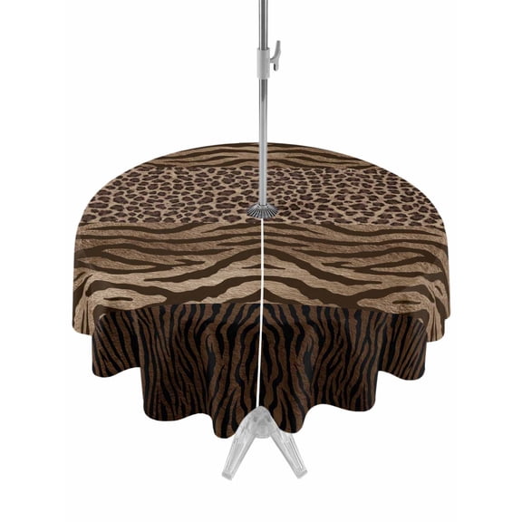 Outdoor Tablecloth with Umbrella Hole and Zipper, Leopard Zebra Print Round Table Cloth 54 Inch Waterproof Tablecloth, Vintage Animal Skin Striped Brown Picnic Table Cover for Patio Camping
