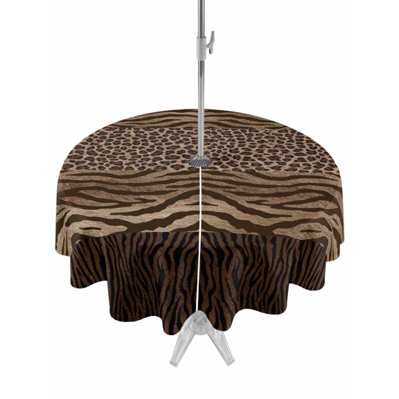Outdoor Tablecloth with Umbrella Hole Zipper Leopard Zebra Print Round Tablecloth 54" Waterproof Outside Table Cloth Vintage Animal Skin Striped Brown Patio Table Cover Tablecloths for Picnic Party